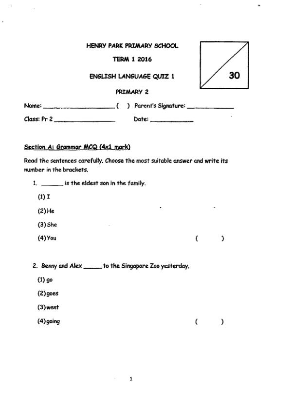 Henry Park P2 Eng WA1 2016 exam paper PDF first page preview
