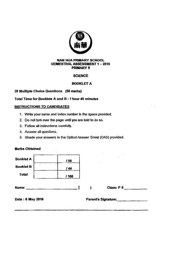Nan Hua P5 Sci WA2 2016 exam paper PDF first page preview