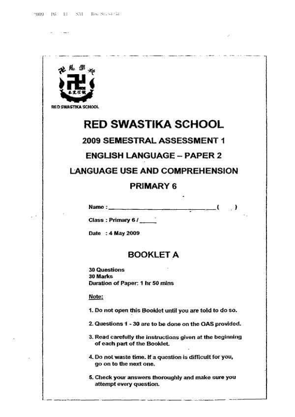 Red Swastika P6 Eng WA2 2009 exam paper PDF first page preview