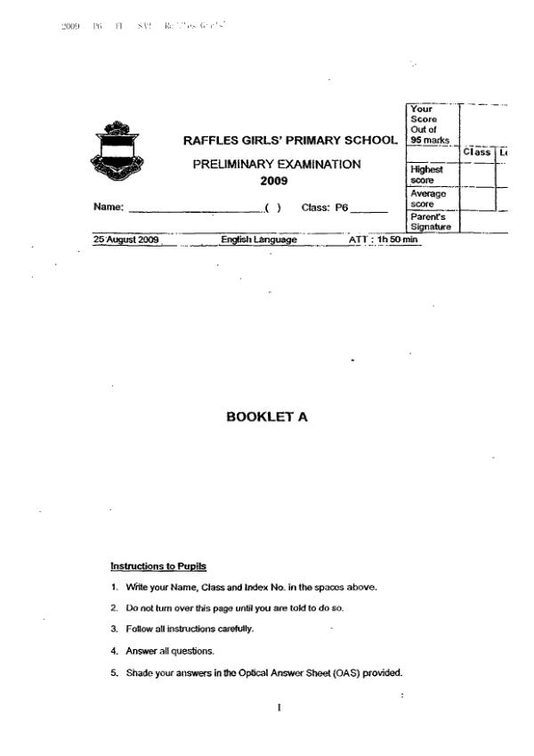 Raffles Girls P6 Eng SA2 2009 exam paper PDF first page preview
