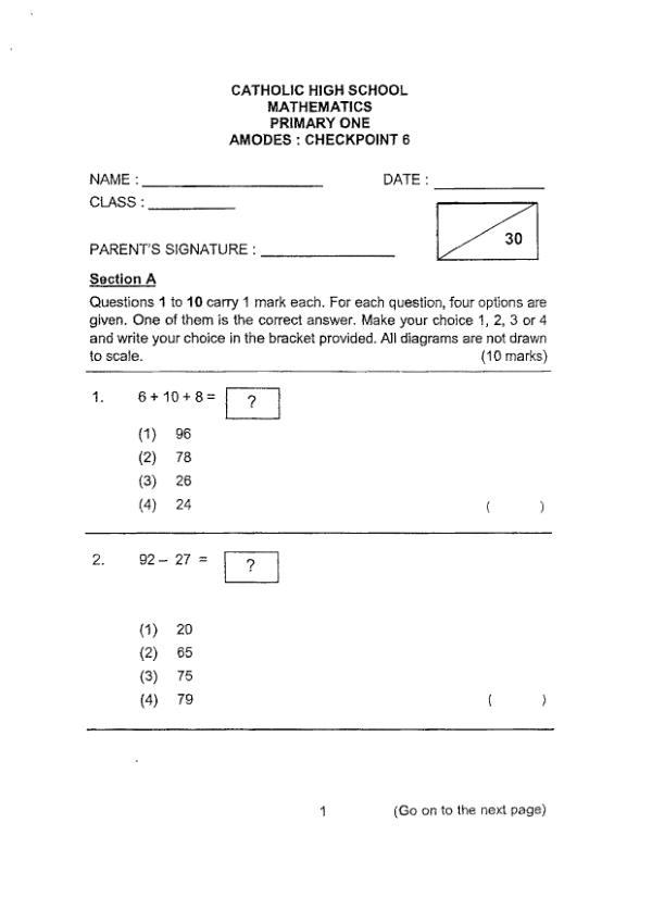 First page preview of P1 Math 2018 SA2 — Catholic High