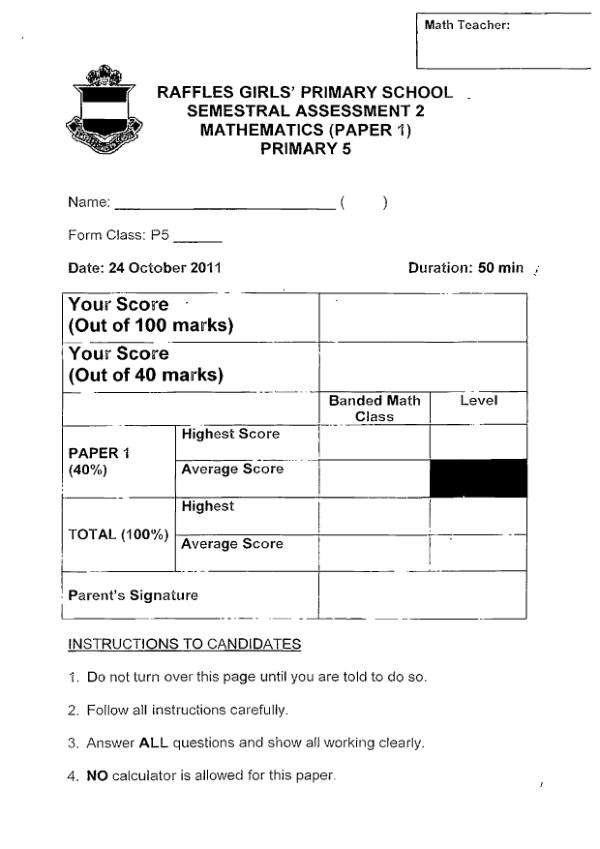 Raffles Girls P5 Math SA2 2011 exam paper PDF preview