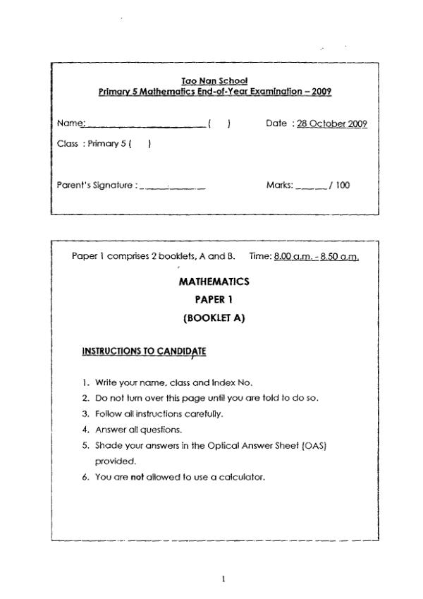 Tao Nan P5 Math SA2 2009 exam paper PDF preview