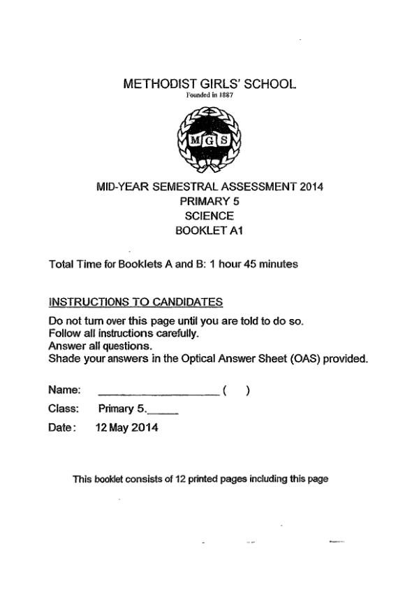Methodist Girls P5 Sci WA2 2014 exam paper PDF first page preview