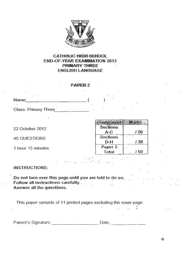 Catholic High P3 Eng SA2 2012 exam paper PDF preview