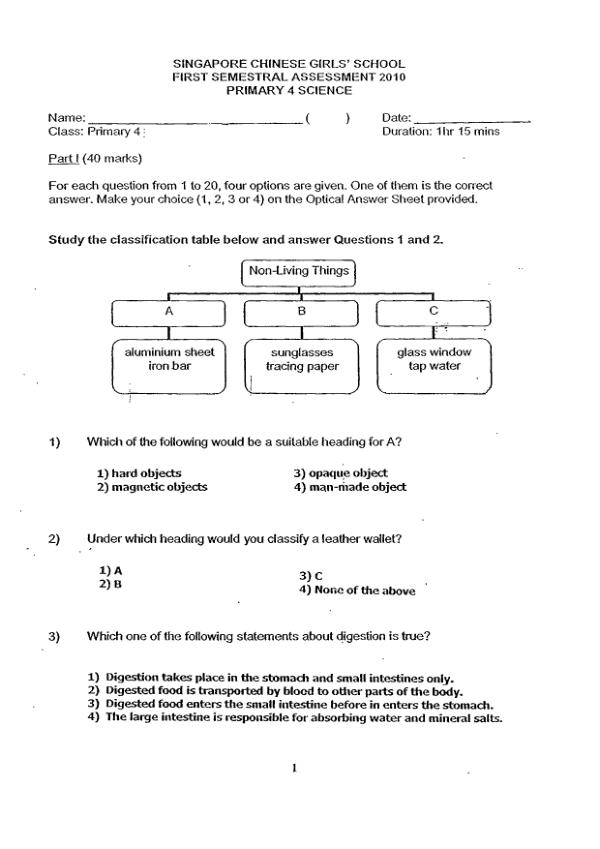 Singapore Chinese Girls P4 Sci WA2 2010 exam paper PDF first page preview