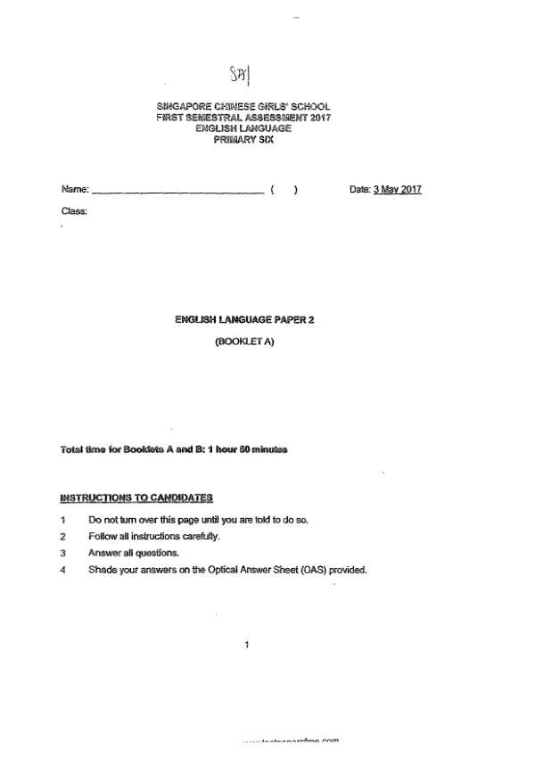Singapore Chinese Girls P6 Eng WA2 2017 exam paper PDF first page preview