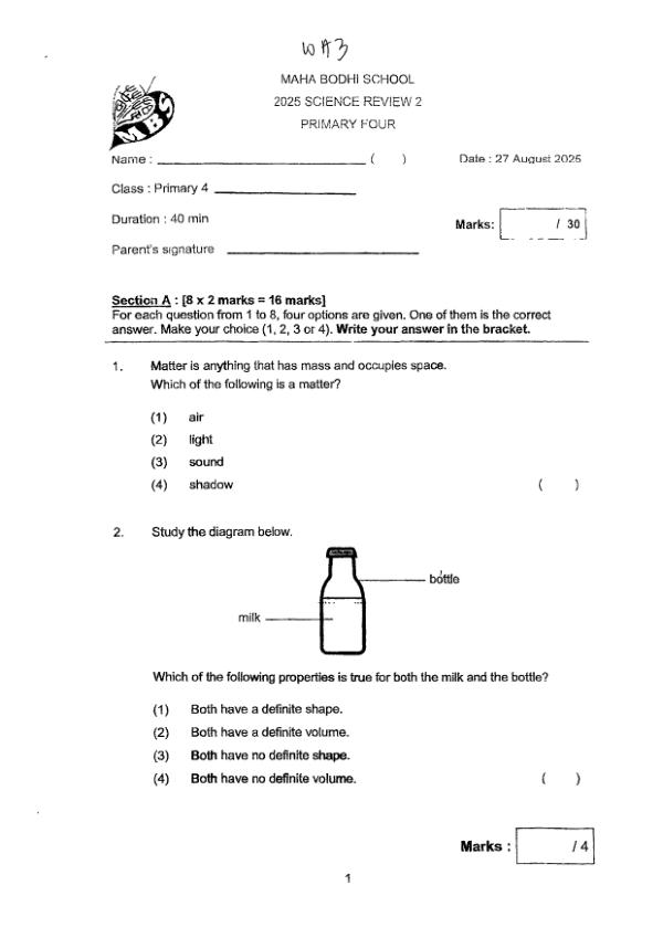 First page preview of P4 Sci 2025 WA3 — Maha Bodhi