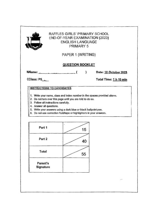 Raffles Girls P5 Eng SA2 2023 exam paper PDF preview