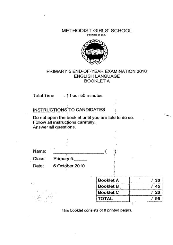 Methodist Girls P5 Eng SA2 2010 exam paper PDF preview