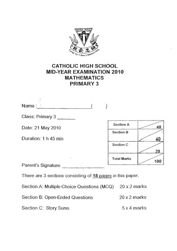 Catholic High P3 Math WA2 2010 exam paper PDF first page preview