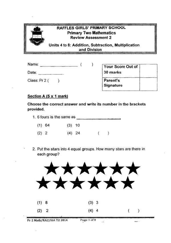 Raffles Girls P2 Math WA3 2014 exam paper PDF first page preview