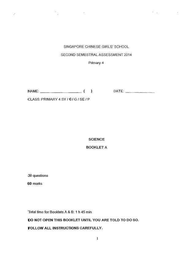 Singapore Chinese Girls P4 Sci SA2 2014 exam paper PDF preview