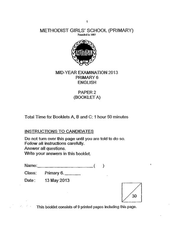 Methodist Girls P6 Eng WA2 2013 exam paper PDF first page preview