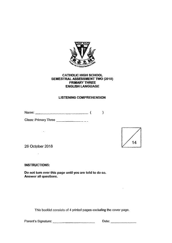Catholic High P3 Eng SA2 2018 exam paper PDF first page preview