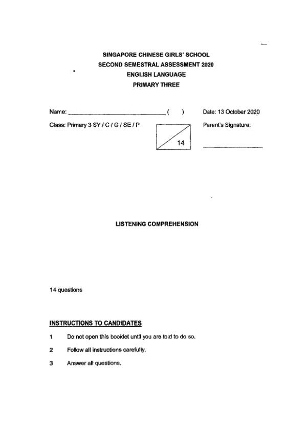 Singapore Chinese Girls P3 Eng SA2 2020 exam paper PDF preview