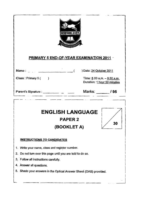 Tao Nan P5 Eng SA2 2011 exam paper PDF first page preview