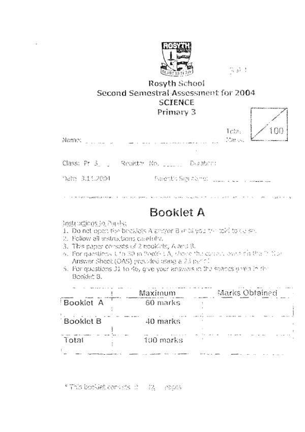 Rosyth P3 Sci SA2 2004 exam paper PDF preview