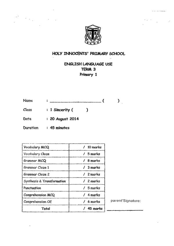 Holy Innocents P1 Eng WA3 2014 exam paper PDF first page preview