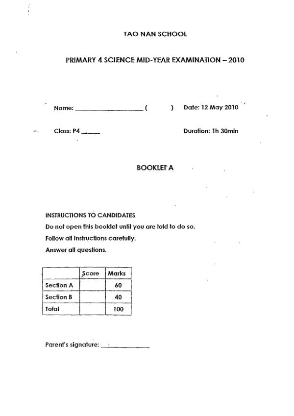 Tao Nan P4 Sci WA2 2010 exam paper PDF preview