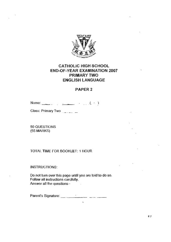 Catholic High P2 Eng SA2 2007 exam paper PDF preview