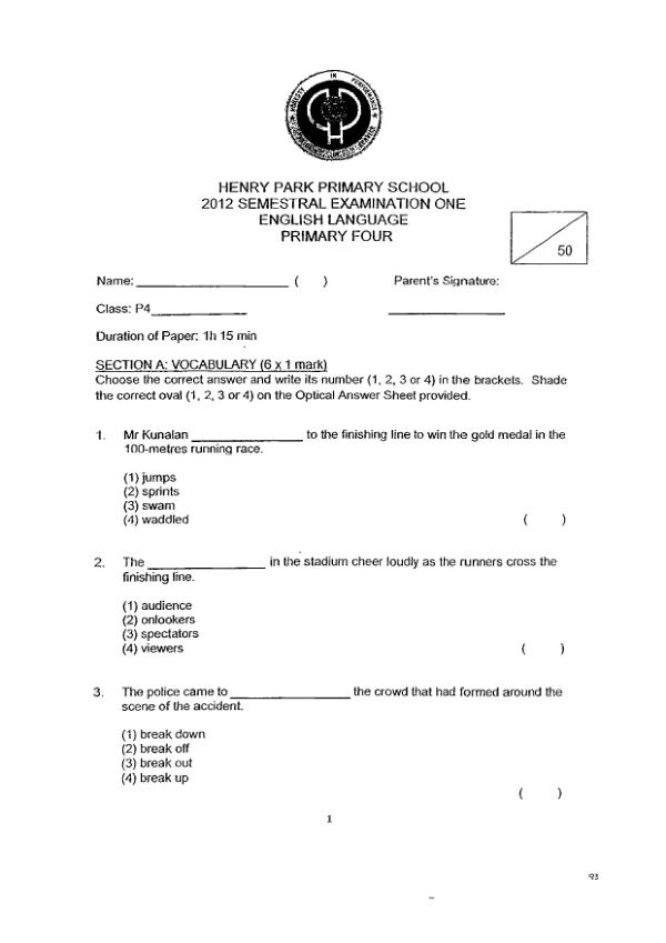 Henry Park P4 Eng WA2 2012 exam paper PDF first page preview