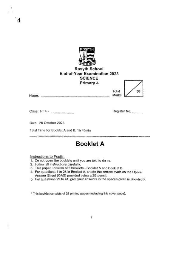 Rosyth P4 Sci SA2 2023 exam paper PDF preview