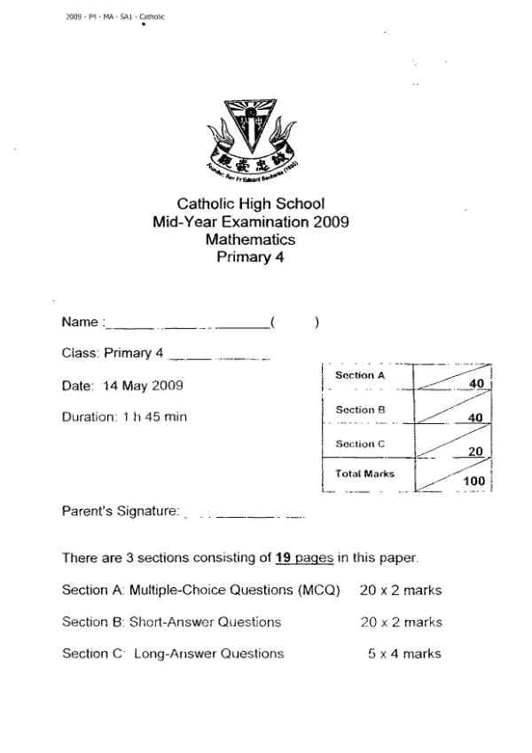 Catholic High P4 Math WA2 2009 exam paper PDF first page preview