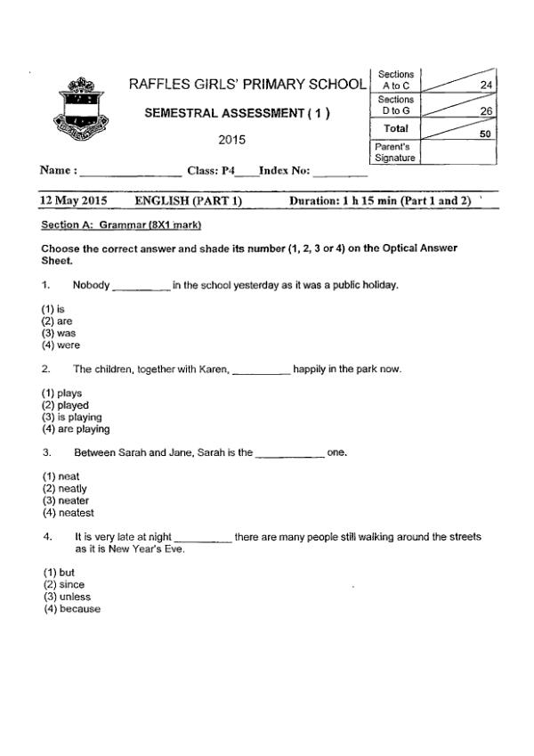 Raffles Girls P4 Eng WA2 2015 exam paper PDF first page preview