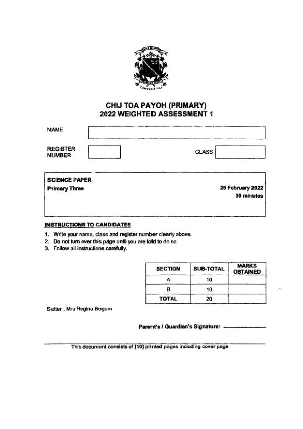 CHIJ P3 Sci WA1 2022 exam paper PDF preview