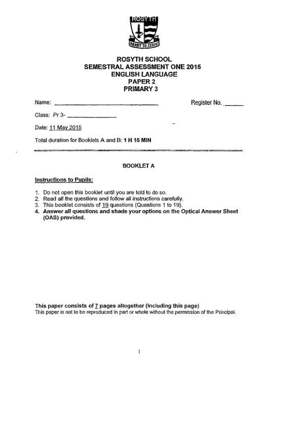 Rosyth P3 Eng WA2 2015 exam paper PDF first page preview