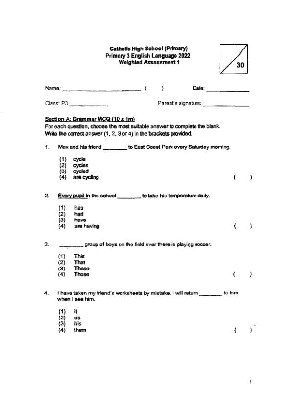 Catholic High P3 Eng WA1 2022 exam paper PDF preview