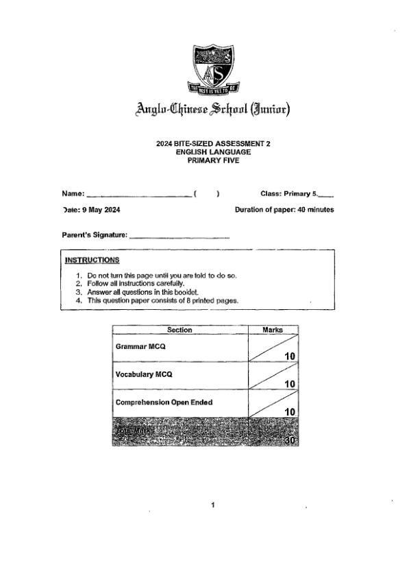 First page preview of P5 Eng 2024 WA2 — Anglo Chinese