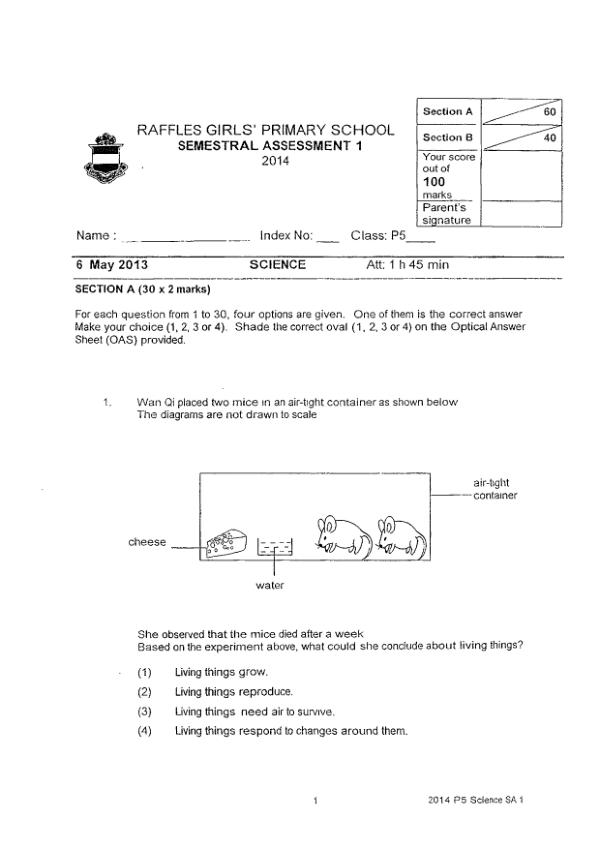 Raffles Girls P5 Sci WA2 2014 exam paper PDF first page preview