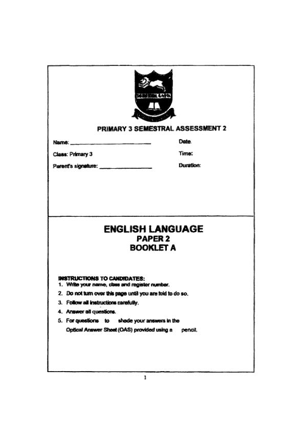 Tao Nan P3 Eng SA2 2022 exam paper PDF preview