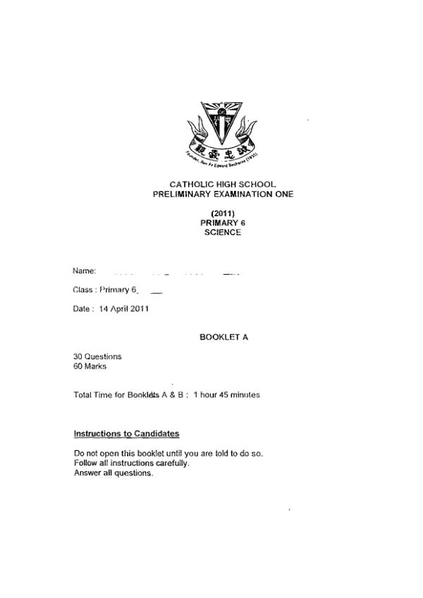 Catholic High P6 Sci WA2 2011 exam paper PDF preview