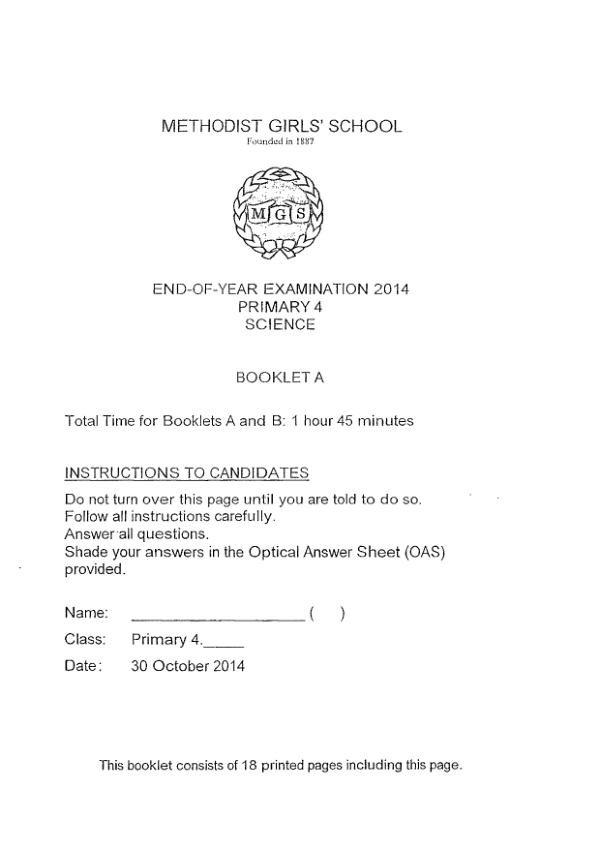 Methodist Girls P4 Sci SA2 2014 exam paper PDF first page preview