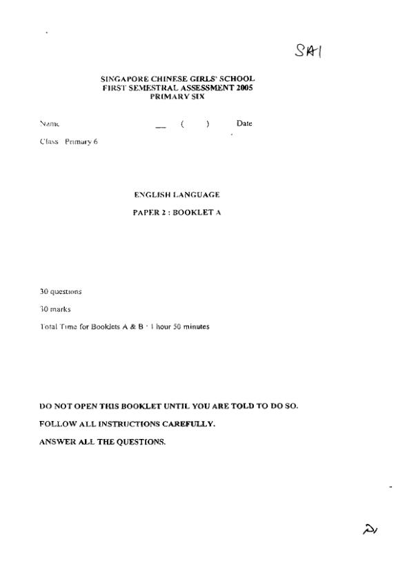 Singapore Chinese Girls P6 Eng WA2 2005 exam paper PDF preview
