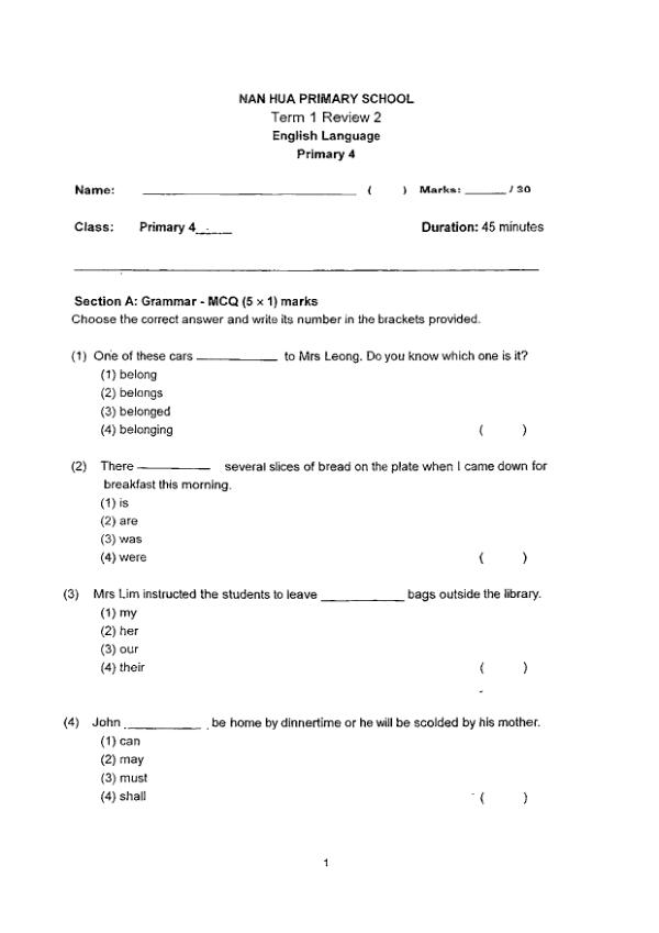 Nan Hua P4 Eng WA1 2015 exam paper PDF preview