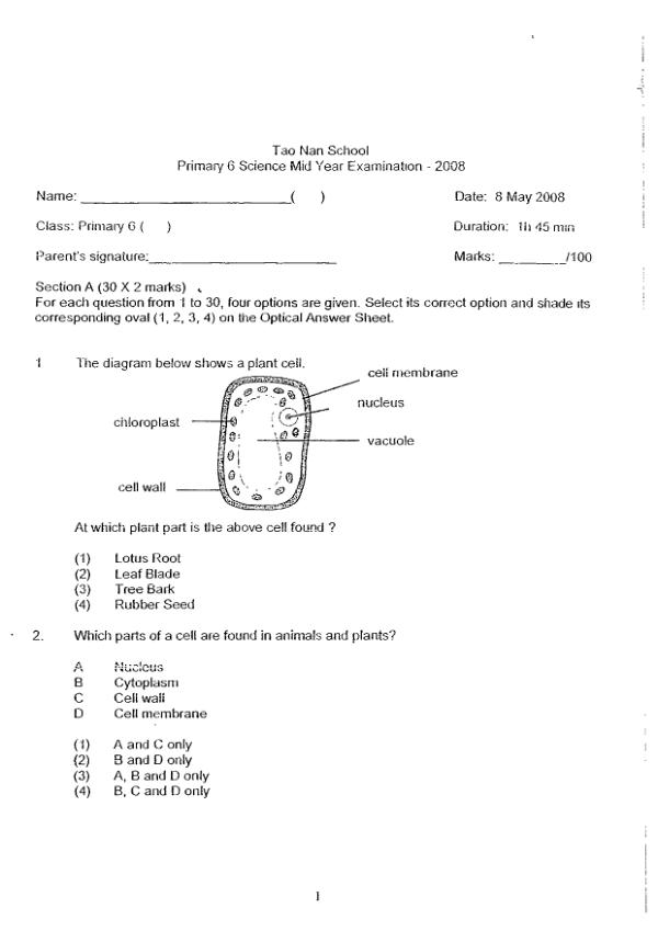 Tao Nan P6 Sci WA2 2008 exam paper PDF first page preview