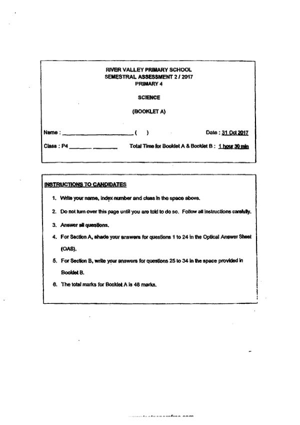 River Valley P4 Sci SA2 2017 exam paper PDF first page preview