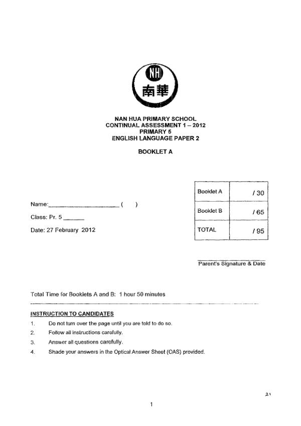 Nan Hua P5 Eng WA1 2012 exam paper PDF preview