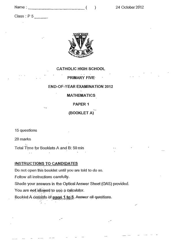 Catholic High P5 Math SA2 2012 exam paper PDF preview