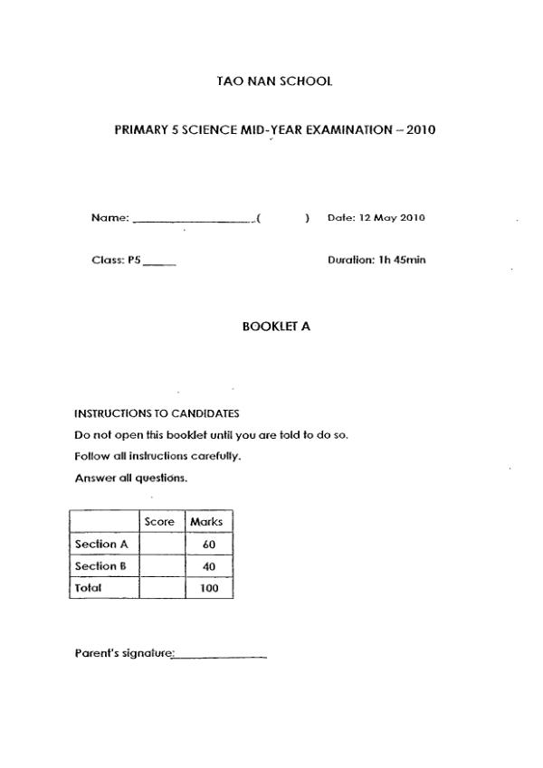 Tao Nan P5 Sci WA2 2010 exam paper PDF preview