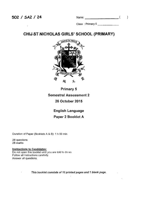 CHIJ P5 Eng SA2 2015 exam paper PDF first page preview