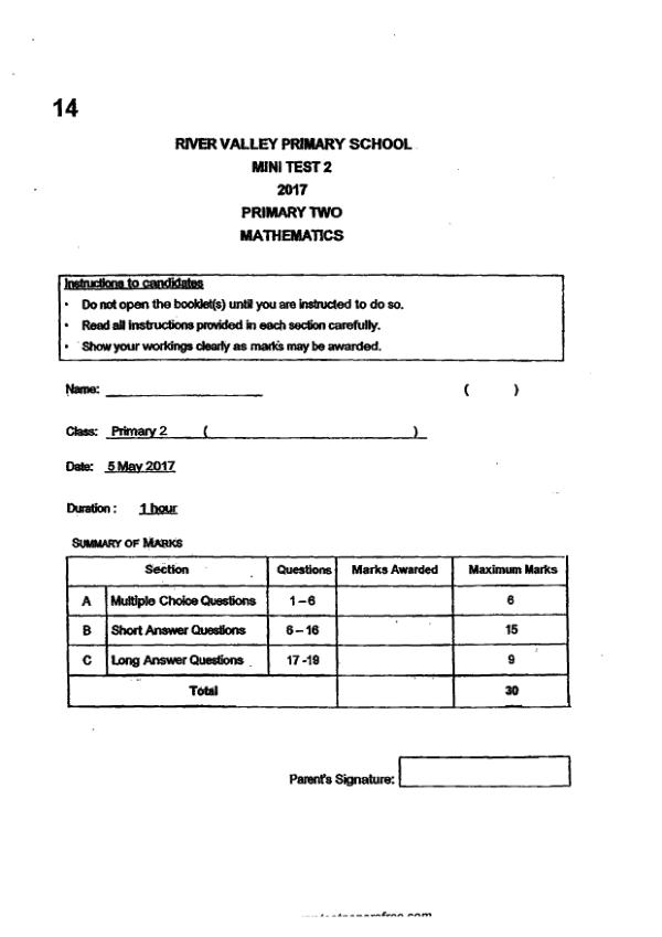First page preview of P2 Math 2017 WA2 — River Valley