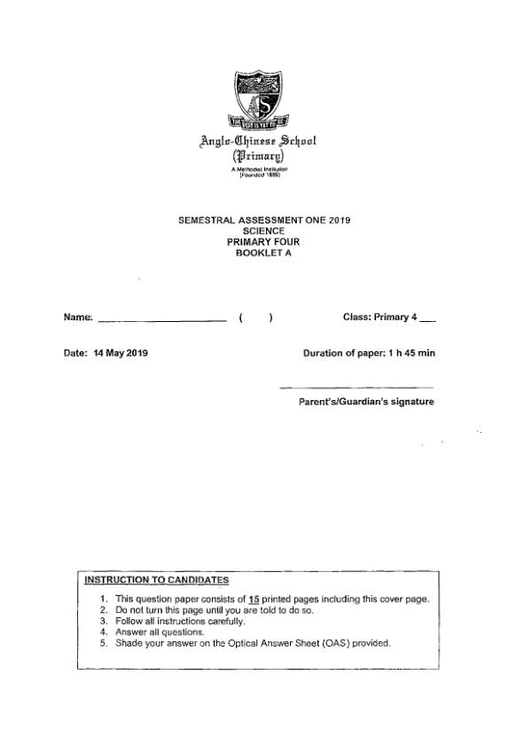Anglo Chinese P4 Sci WA2 2019 exam paper PDF first page preview