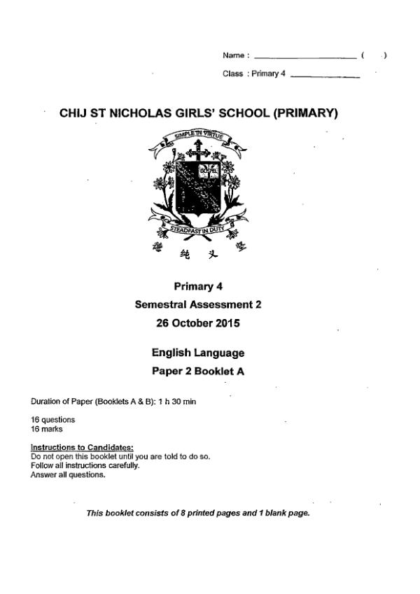 CHIJ P4 Eng SA2 2015 exam paper PDF first page preview