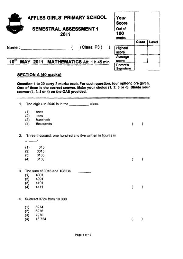 Raffles Girls P3 Math WA2 2011 exam paper PDF preview