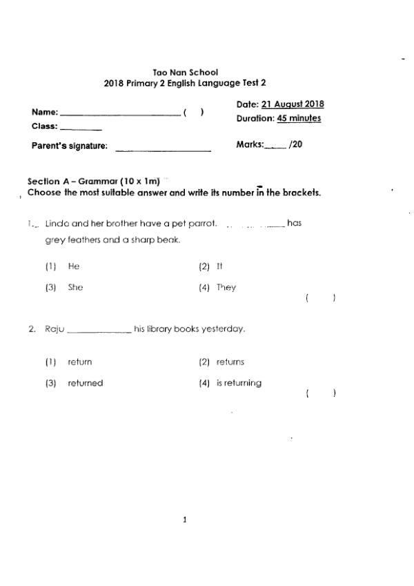 Tao Nan P2 Eng WA2 2018 exam paper PDF first page preview